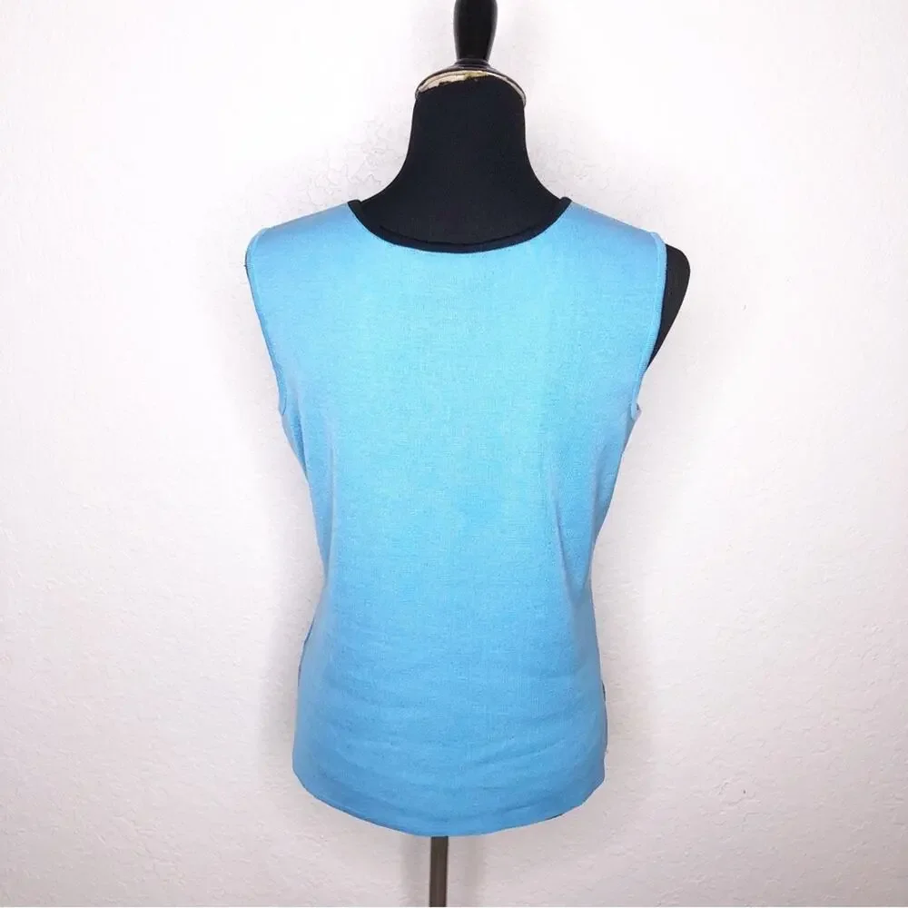 Ming Wang blue black trim v neck sleeveless knit shell top size Small